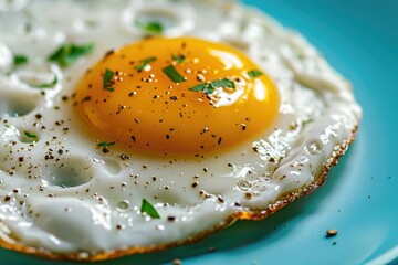 Wall Mural - A fried egg is displayed on a blue plate. Perfect for breakfast or food-related projects