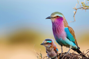 Wall Mural - a lilac-breasted roller with her cub, mother loves and cares in wildlife scene