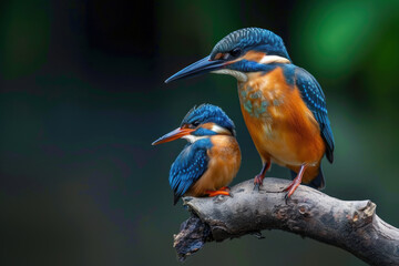 Wall Mural - a kingfisher with her cub, mother love and care in wildlife scene