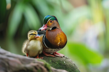 Wall Mural - a mandarin duck with her cub, mother love and care in wildlife scene