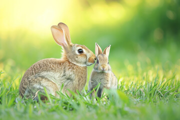 Wall Mural - a rabbit with her cub, mother loves and cares in everyday life