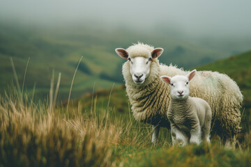 Wall Mural - a sheep with her cub, mother loves and cares in everyday life