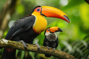Wall Mural - a toucan with her cub, mother love and care in wildlife scene