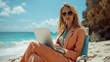 © arti om - Businesswoman on vacation, working at beach with laptop
