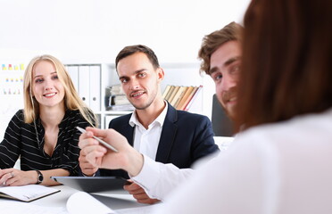 Wall Mural - Group of people deliberate on white board problem in office closeup. Graph consult idea participate creative talk review situation job document explain council train successful decision concept