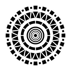 Abstract symmetrical circular ornament. Wheel. Rosette of geometric elements. Tribal ethnic motif. Stencil tattoo and print. Round  pattern. Decorative vector design element.