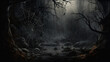 Mysterious dark forest with cobwebs and fog. Halloween background. background for horror or halloween, haunted, spooky and scary ghost evil