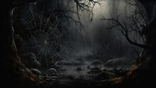 Mysterious Dark Forest With Cobwebs And Fog. Halloween Background. Background For Horror Or Halloween, Haunted, Spooky And Scary Ghost Evil