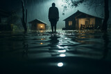 Rear view of a man standing in a flooded house at night.  rain, flooding, flooded houses. flooding houses with rising water.