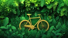 Paper Art And Craft Style Of Bicycle In A Leaf Frame Over Green Background.