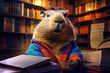
Digital art of a capybara sitting in a library, humorously wearing glasses and appearing to read a book