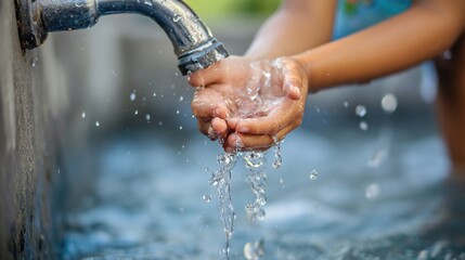 Child's hands washing themselves off from the water tap, children's right to access clean water. Save water. World Water Monitoring Day.