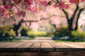 empty wooden table in sakura flower park with garden bokeh background with a country outdoor theme, 