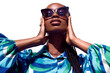 Sun glasses high fashion beauty portrait. African  young woman with braids hairstyle is posing with the arms up wear black cat eyes shape sunglasses and blue blouse isolated on white