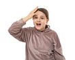 © Andrew Mayovskyy - Portrait of child looking at camera touching his head with shock impression, isolated on white background. Twelve year old girl smiling and posing in studio.