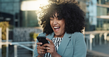 happy business woman, phone and winning in city for bonus, promotion or good news in urban town. exc