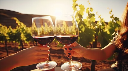 Friends toasting wine in a vineyard at daytime outdoors. Happy friends having fun outdoor. 