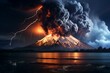 Spectacular volcanic eruption with thunderstorm, lightning bolt, river, and snow. Generative AI