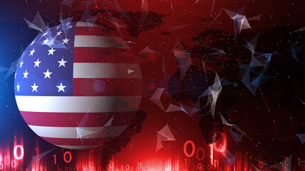 Wall Mural - Usa 3d flag globe on red cyberspace world map copy space illustration background.