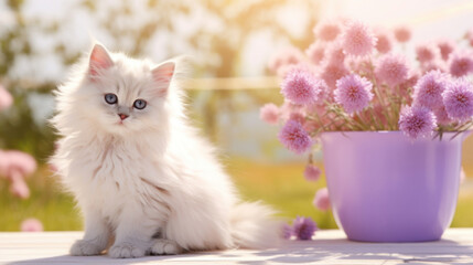 Adorable fluffy white kitten beside a pot of purple flowers enjoying the outdoor sunshine.