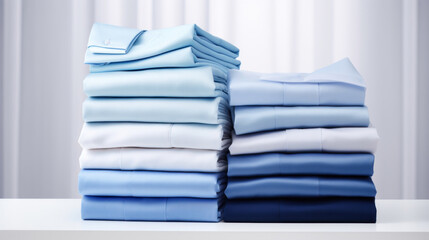 Folded clothes in stacks of various simple blue placed on a table on a light background