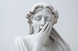 Antique sculpture ancient Greek goddess boring, dreary, sad gape covering her mouth with her hand