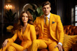© zamuruev - Beautiful couple in yellow outfit in stylish living room. Luxury lifestyle