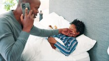 Father, Phone Call And Child Sick In Bed With Illness Fever Or Communication For Advice, Decision Or Appointment. Man, Boy And Hand For Wellness Concern Or Online Consulting For Help, Virus Or Germs