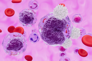 Wall Mural - White blood cells with Non-hodgkin lymphoma (NHL) cells - closeup view 3d illustration