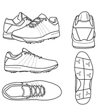 A Pair Of Golf Shoes, Sports Footwear. Vector Sketch Illustration, Top, Front, Back, Side, And Bottom View. Isolated On A White Background.