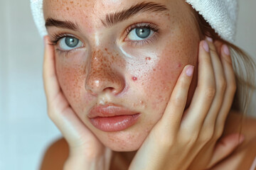 Young woman with acne problem on light background with space for text, close-up. Acne, pimples, hormonal failure, menstruation, acne treatment, squeeze out pimples, cosmetology