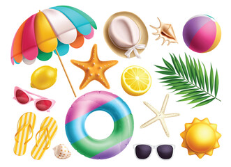 Wall Mural - summer elements vector set design. summer beach elements collection like umbrella, hat, beachball, s