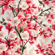 Pink floral seamless pattern, with branches, leaves and vines.