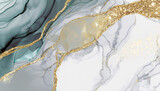 Fototapeta Konie - Jade, grey and gold marble texture. Abstract vector background in alcohol ink technique. Modern paint in natural colors with glitter. Template for banner, poster design. Fluid art painting
