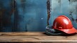 Red hard hat and coiled blueprints on a rustic wooden surface with a grunge blue backdrop