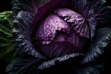 Fresh cabbage with water splashes and drops on black background