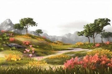 Wall Mural - Nature landscape with blooming flowers and grass field, tropical forest, transparent png image, 3d rendering illustration. Generative AI