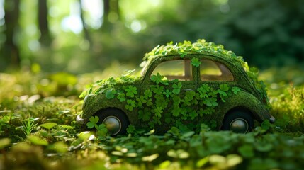 Small car filled with green clover for st patrick day. Banner with copy space