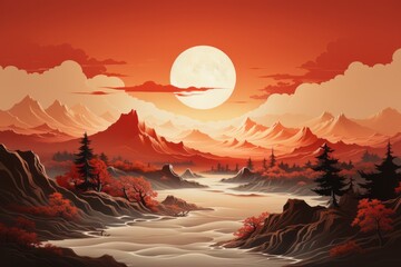 Wall Mural - Sunrise Over Alpine Mountains, on an isolated Peachy Orange background, Generative AI