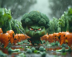 Poster - A cartoon broccoli character stands in the rain. Generative AI.