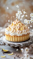 Canvas Print - Lemon meringue pie on a rustic table with flowers. Generative AI.