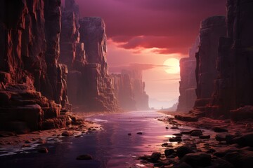 Wall Mural - Towering Cliffs with Dramatic Sunlight, on an isolated Plum Purple background, Generative AI