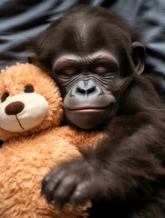 Sticker - A baby gorilla is cuddled up with a  toy bear. Generative AI.