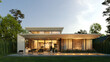 © House - Modern one-story house with panoramic windows. House with a flat roof and a unique facade. Yard inside the house
