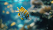 A colourful angelfish swimming in a blue underwater seascape.