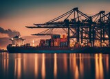 Fototapeta  - long exposure photo in a commercial harbor, ships and containers, sunset
