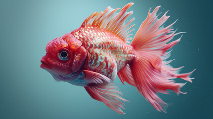 Wall Mural - A red ornamental goldfish with elaborate fins and a bulbous eye, set against a soft teal backdrop.