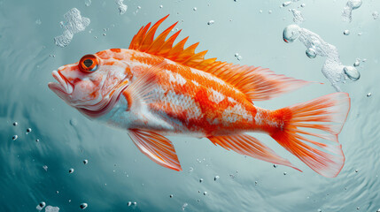 Wall Mural - a vivid red rockfish swimming in clear blue waters.