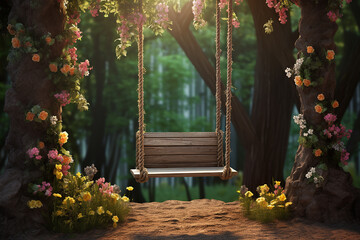 Wall Mural - Generative AI Image of Wooden Swing in the Park with Fresh Flowers