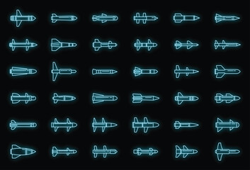 Wall Mural - Air missile attack icons set. Outline set of air missile attack vector icons neon color on black